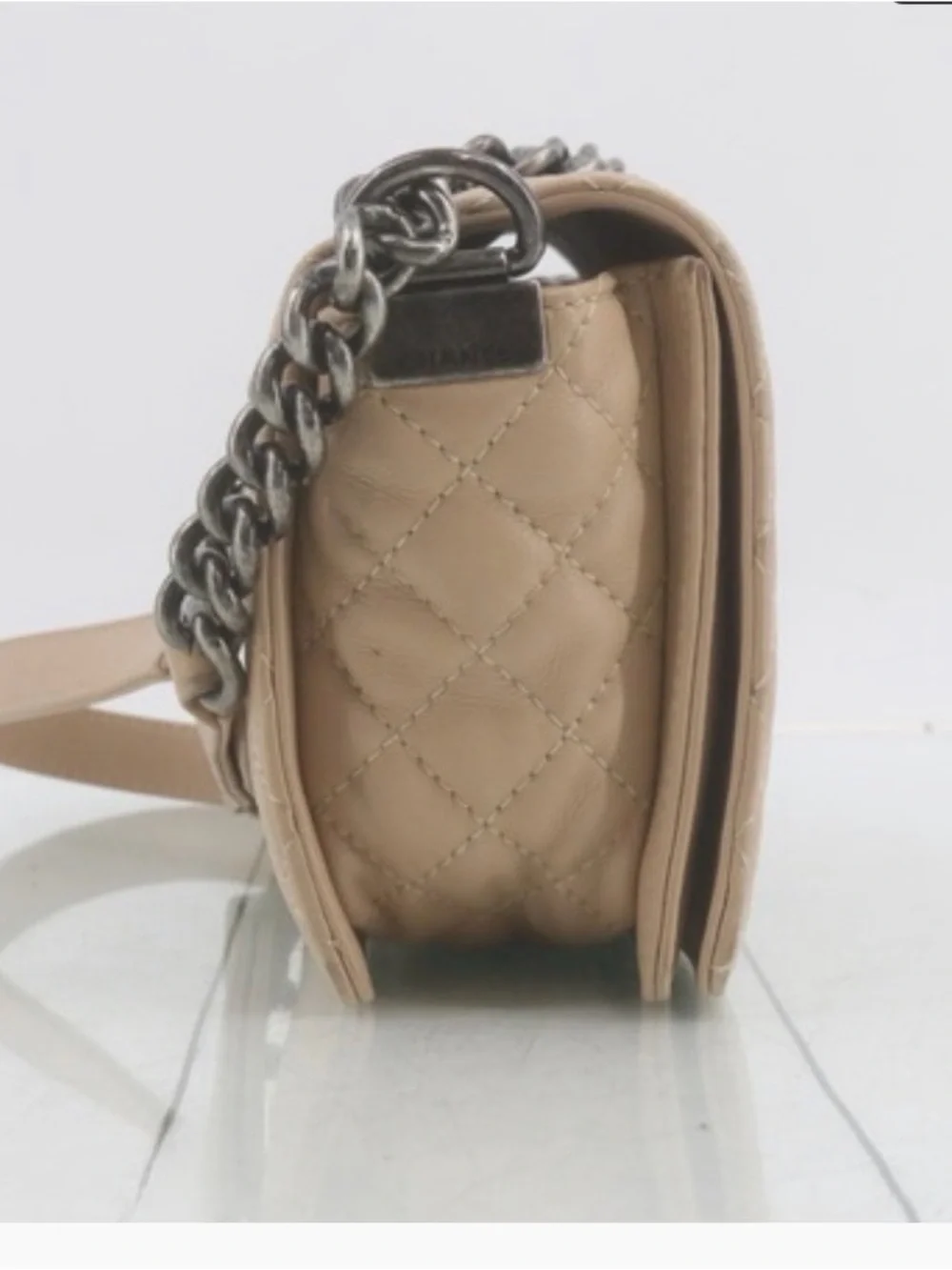 AUTHENTIC Chanel Medium Boy Bag in Beige Nude Lambskin with Gunmetal Hardware